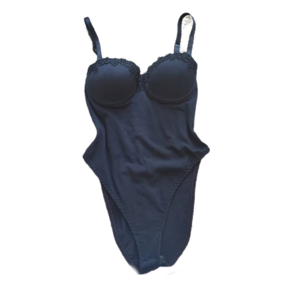 Vintage Carol Maloney lace trim leotard one piece high leg bodysuit M Medium